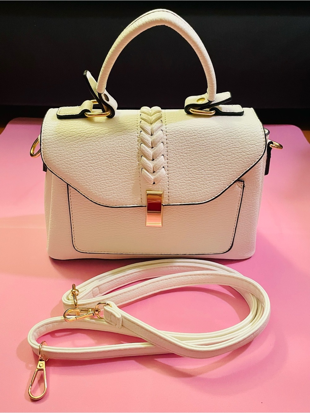 NEW White Top-Handle Satchel Handbag Shoulder Bag with Gold Hardware